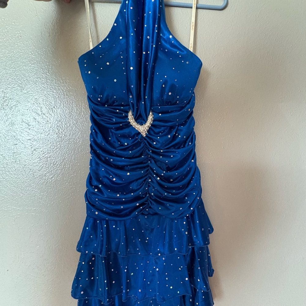 VTG 90’s Y2K Sequin Hearts Blue Halter Mini Dress Size L Ruched Club/Party USA